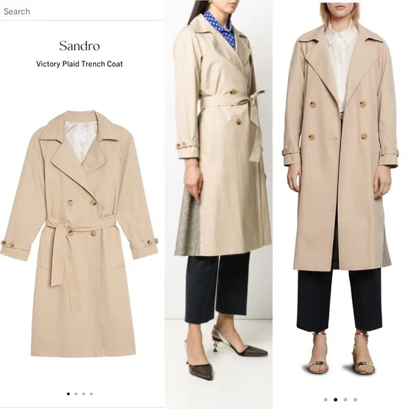 Sandro “Victory” Classic Trench Coat NWT with Plaid Back Detail Medium 40 - Picture 10 of 17